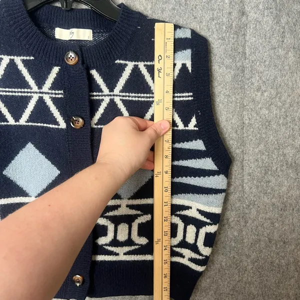 navy woman Size 2 Small blue geometric motif button-up sweater vest‎ - Image 4
