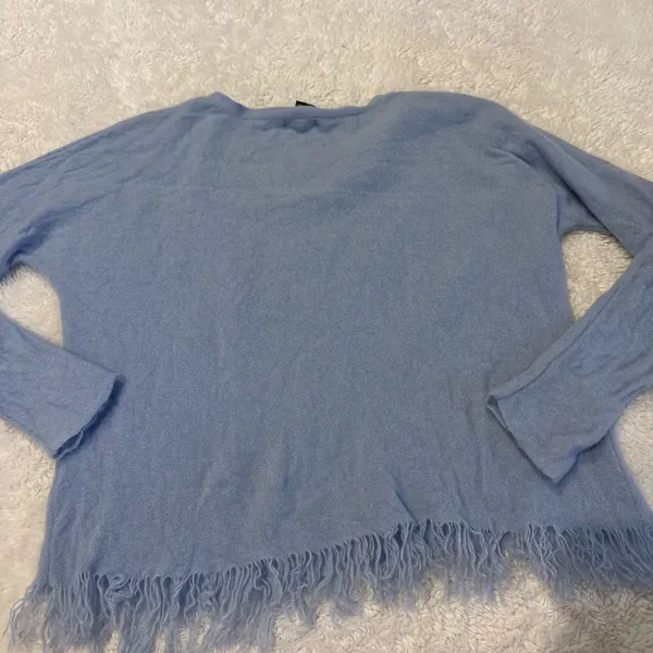 Womens Blue Cashmere Fringe Sweater XL Quiet Luxury Preppy Fall Chic Designer - Image 3