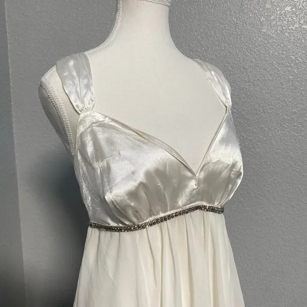 White Ivory Dress Empire Waist Rhinestone Handkerchief Hem Fairycore Whimsical - Image 2