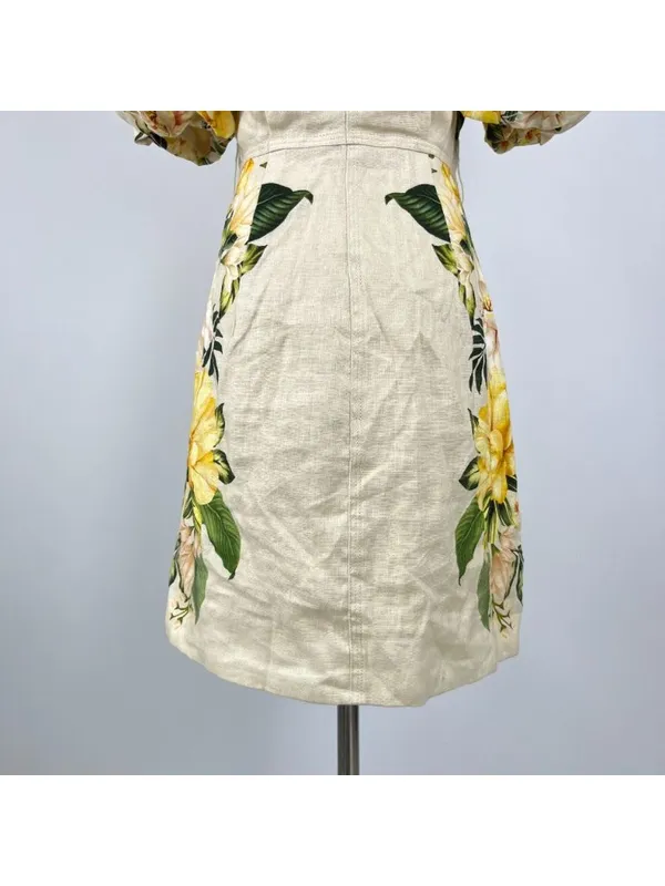 NWOT Farm Rio Linen Sand Garden Cascade Puff Sleeves Mini Dress Size M - Image 10
