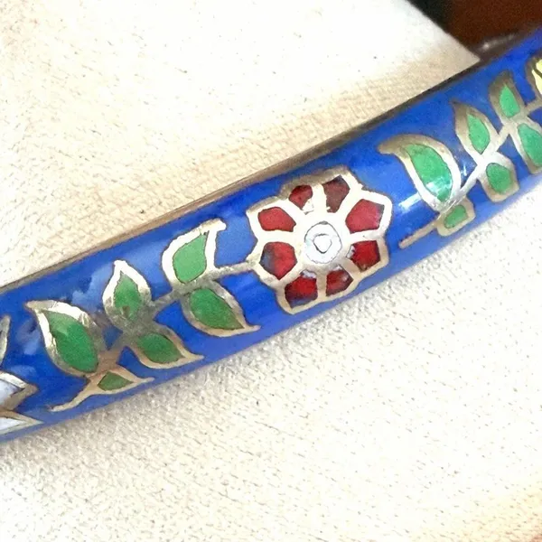 Vintage Thailand Cloisonné Floral Bangle Bracelet Blue Enamel Hinged - Image 5