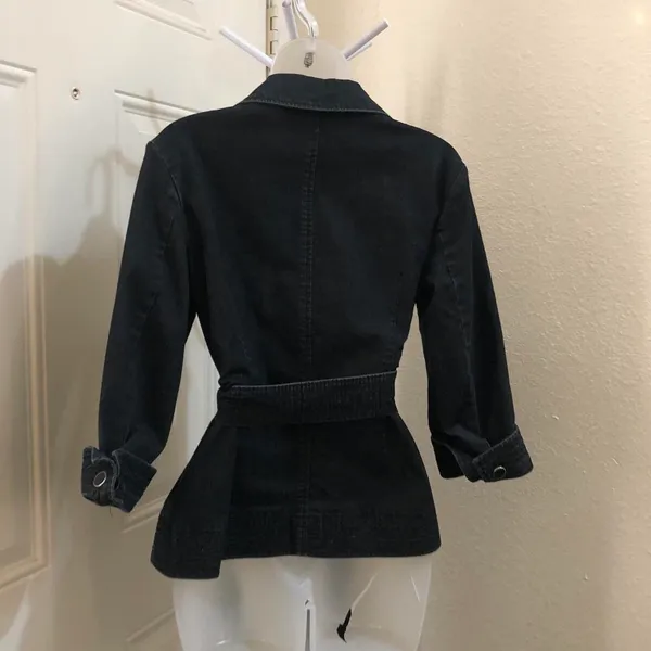 Apostrophe 2000s Y2K Goth Grunge office siren core Black denim fitted blazer jacket belted tie waist 3/4 sleeve & pockets-Size S Measurements in pics Excellent condition - Image 4