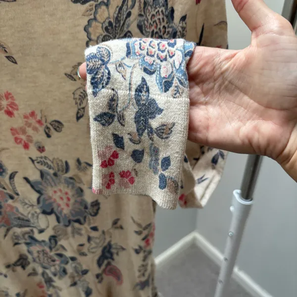 LOFT Beige Floral Print Long Sleeve Cotton Lightweight Knitted Sweater - Image 3