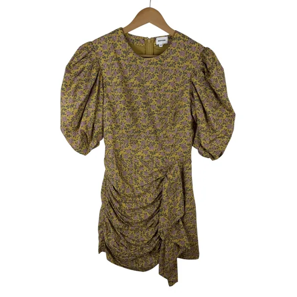 Aureum Ruched Sash Mini Dress Size XS Yellow Floral Cottage Feminine Prairie‎ - Image 2
