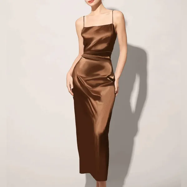 Rihoas Coffee Satin Slip Maxi Dress - Image 2