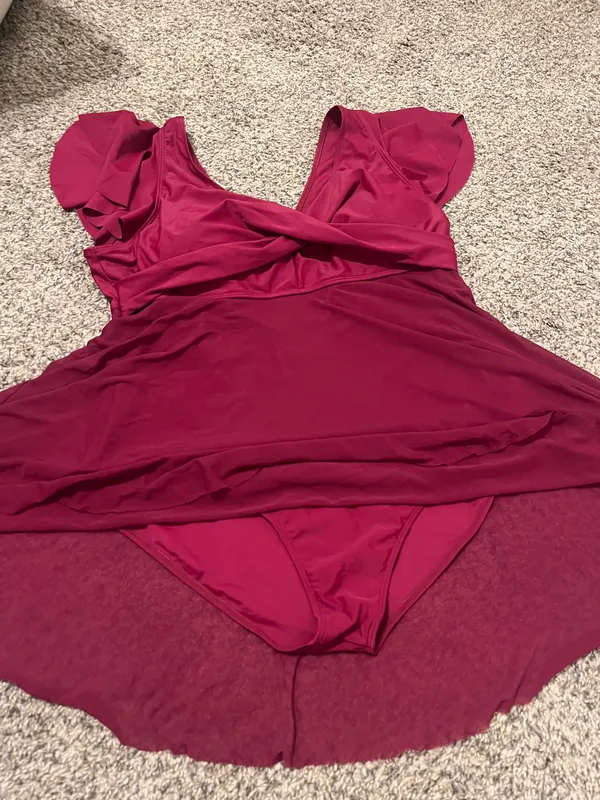 Stylish red swim dress with a flattering wrap design. Perfect for beach outings. - Image 5