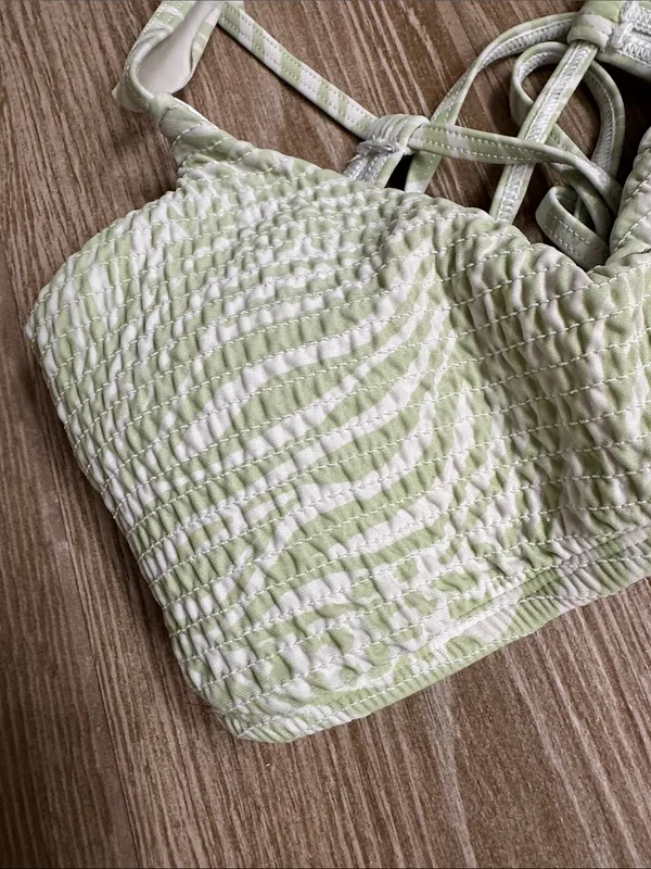 Hollister White and Light Green Smocked Bikini Top - Image 2