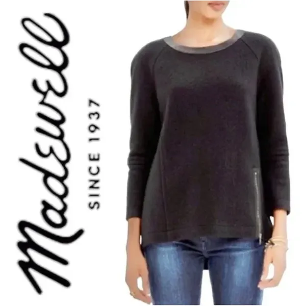 Madewell Sweater Women Sz L Black Wool Leather Trim Zipper Pullover 3/4‎ Sleeve - Image 2