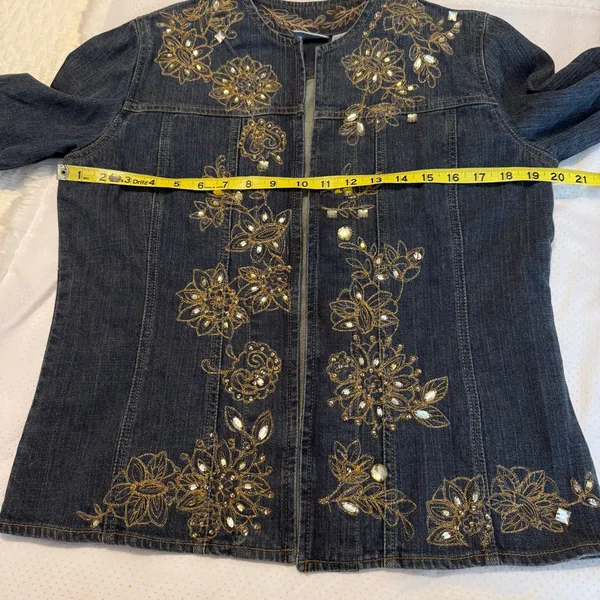 Chico’s Embroidered Sequin Open Front Jean Jacket Size 1 Chico (Med 8) Floral - Image 8