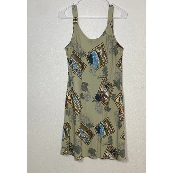 Hilo Hattie Hawaiian Dobby Rayon Sundress Beige Blue Green Size L - Image 8
