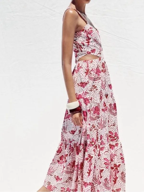 Zara Pink White Cut Out Floral Tiered Skirt Beaded Boho Cottagecore Maxi Dress M - Image 8