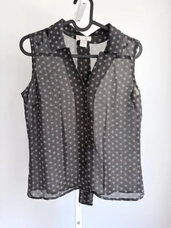 Old Navy Vintage Sheer Gray Polka Dot Tie Neck Sleeveless Blouse Pussybow XS - Image 2