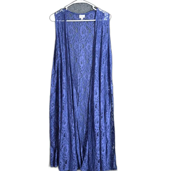 LuLaRoe Womens Size Large Blue Floral Lace Long Duster Vest Sleeveless Open - Image 2