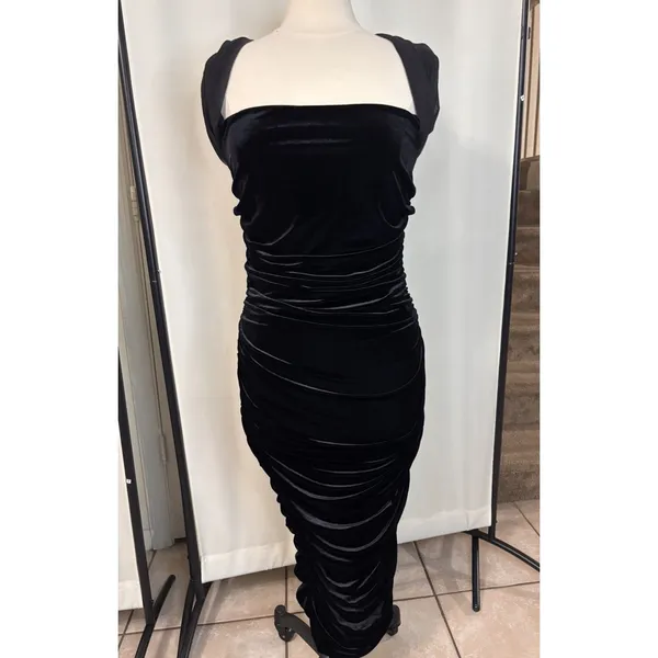 Club L London Seductress Square Neck velvet Ruched Midi Dress Black Sz 10 sexy - Image 4