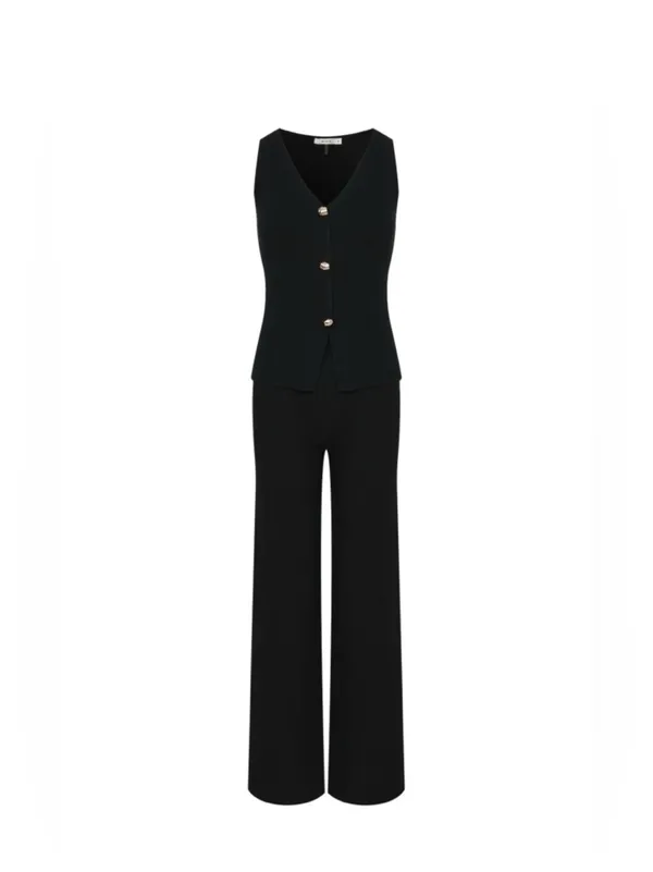 Black 2 Piece Set Sleeveless Button Top Wide Leg Pants Matching Outfit L - Image 2
