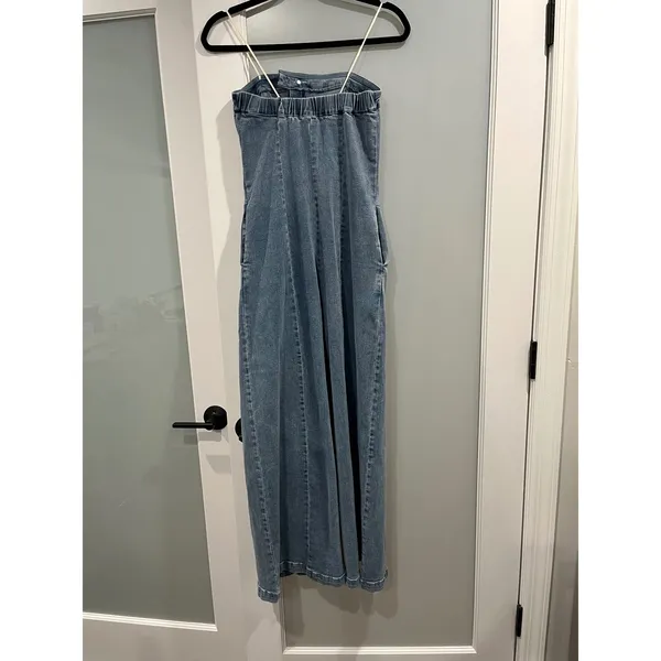 Denim Jumpsuit Women's Small‎ Blue Strapless Wide Leg Pockets - Image 2
