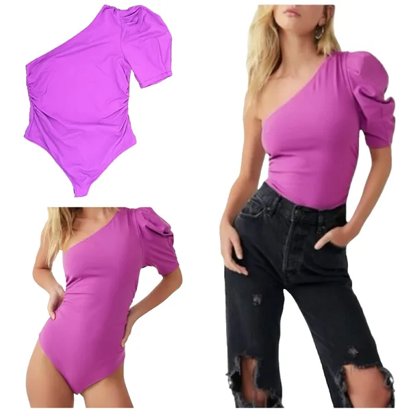 Free People One Shoulder Puff Sleeve L Bodysuit Magenta Ruched Side Stretchy - Image 2