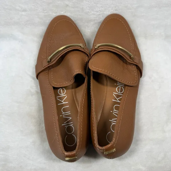 Calvin Klein Orianna Brown Leather Loafers Gold Logo Bar Flats Womens 11 34E2408 - Image 7