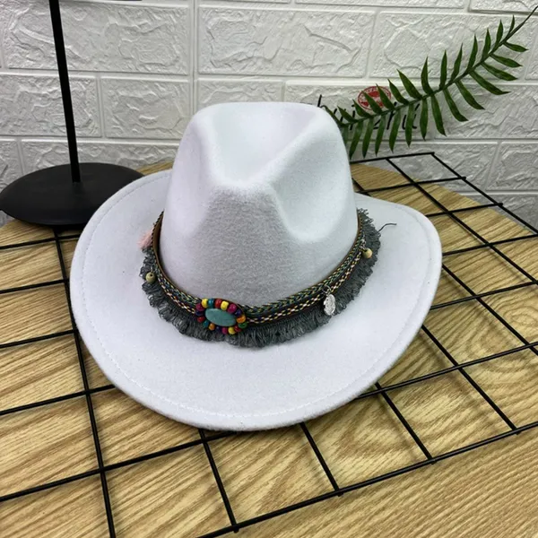 White Western Cowboy, Cowgirl Hat, Bead Tassle Strap, Men Women Retro Wide Brim‎ - Image 2