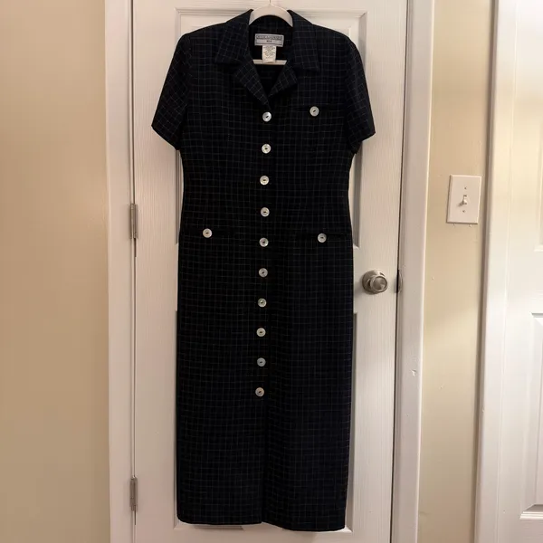 Jessica Howard Vintage 80s 90s Navy Blue Grid Plaid Abalone Button Midi Dress - Image 2