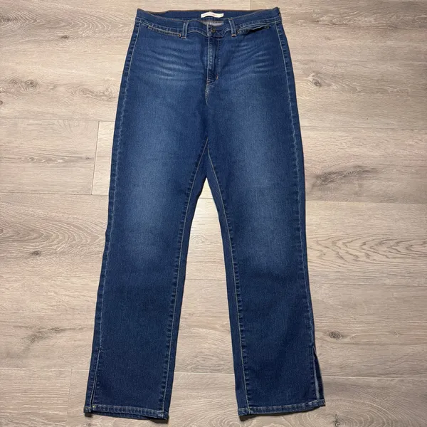 Levis 724 High Rise Straight Leg Jeans Dark Wash Side Slit Hem A8741 32 / 14 Reg - Image 2