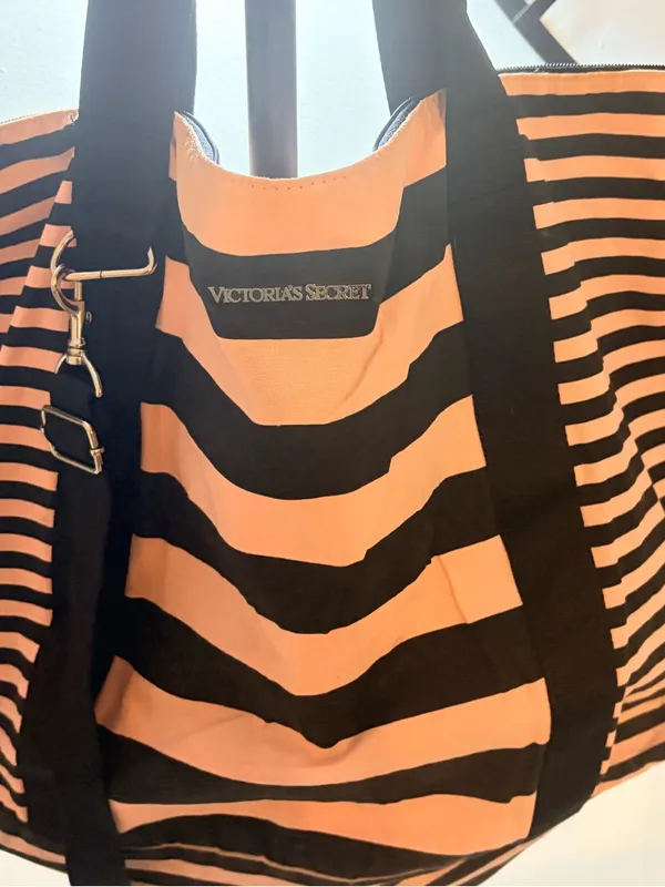 PINK Victoria's Secret Black and Tan Striped Tote - Image 3