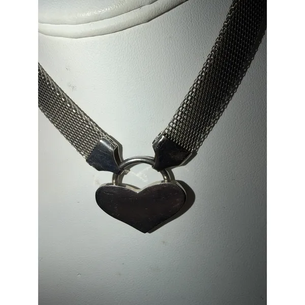 Silver Tone Heart Mesh Chain‎ Necklace Choker Y2K 16" - Image 3