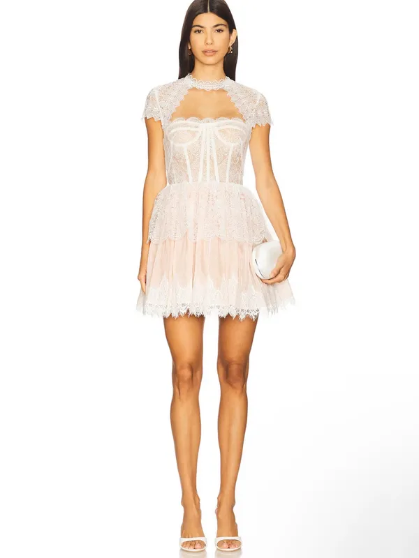 Bronx and Banco Daphne short sleeve White/ pink/ nude Lace Mini Dress S NEW - Image 2
