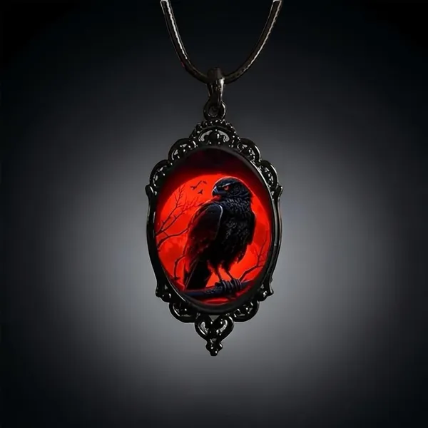 Gothic‎ Crow Red Moon Cameo Style Black Necklace Pendent - Image 2