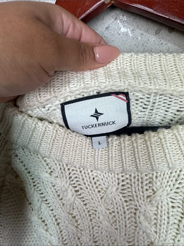Tuckernuck Ivory Cable-Knit fisherman wool Crew neck Sweater sz L - Image 4