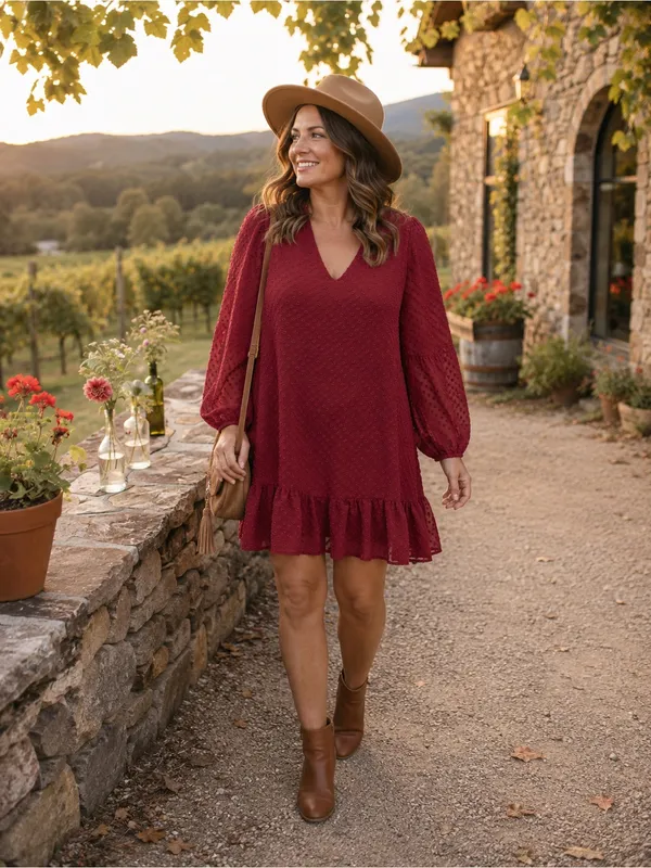 Arula Burgundy Swiss Dot Mini Dress Women L Wine V-Neck Balloon Sleeve Ruffle - Image 2