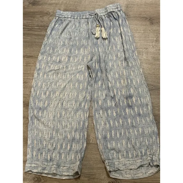 World Market Blue Watercolor Illustrated Sardine Culotte Pajama Pants S/M Soft - Image 2
