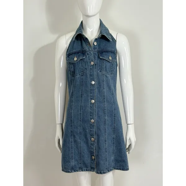 House of Harlow 1960 Women’s Denim Halter Mini Dress Backless Y2K Blue Size S - Image 5