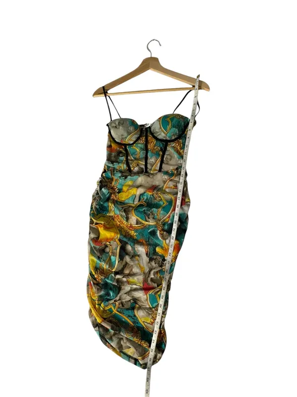 Mesh Corset Mini Dress M Baroque Cherub Art Print Ruched Bodycon - Image 7