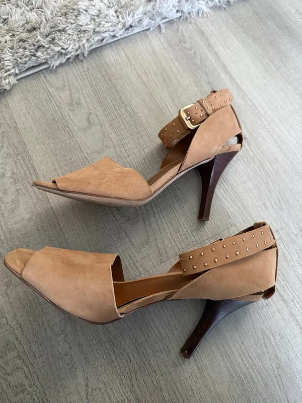 Franco Sarto Tan Suede Peep-Toe Ankle Strap with Brown Heels Size 8.5 - Image 2