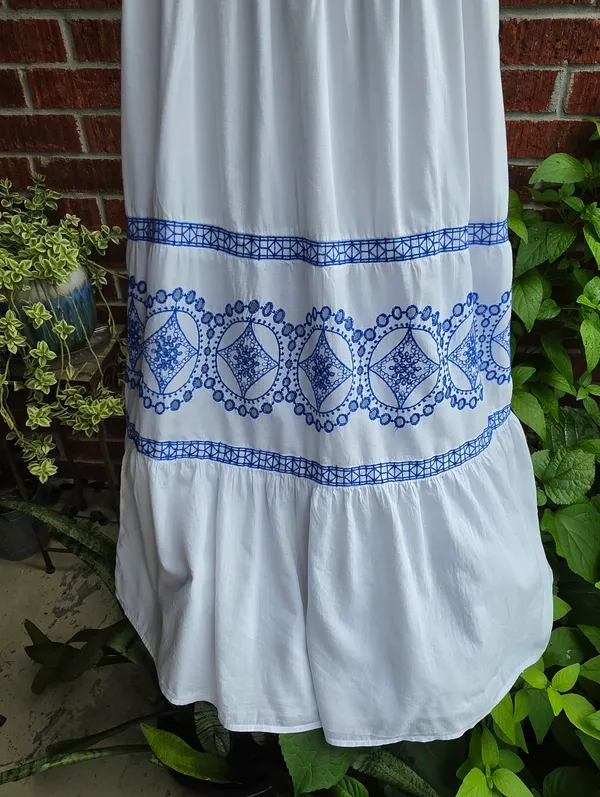 White and Blue Cotton Embroidered Maxi Dress Medium - Image 3