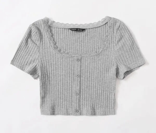 SheIn Lace Trim Button Front Rib Knit Tee - Image 2