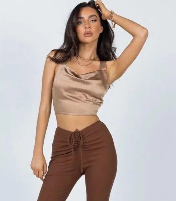 Silk Brown Nude Tie Crop Top - Image 2
