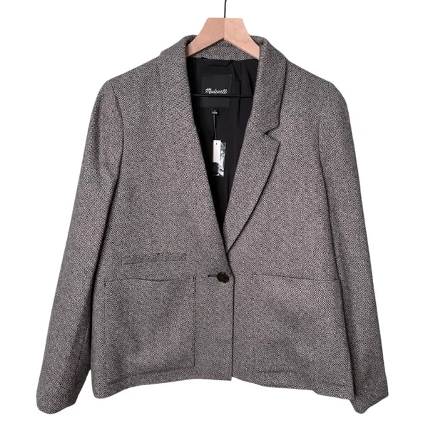 NWT Madewell Wool Crop Dorset Blazer Jacket Geo Herringbone Grey Size Medium - Image 5