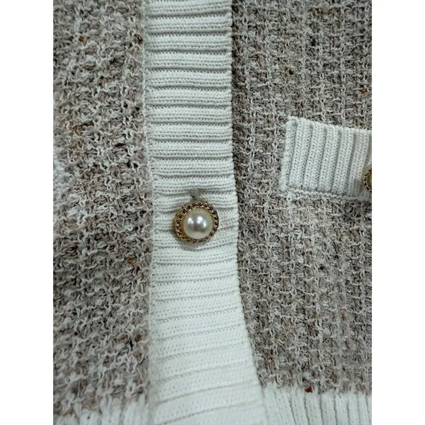 Urban Revivo Prep Short Sleeve Pearl Button Cardigan Sweater Beige White Medium - Image 9