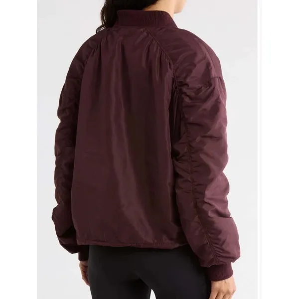 Z by Zella Womens Burgundy Ruched Sleeve Bomber Jacket Size L Full Zip Pocket - Image 2