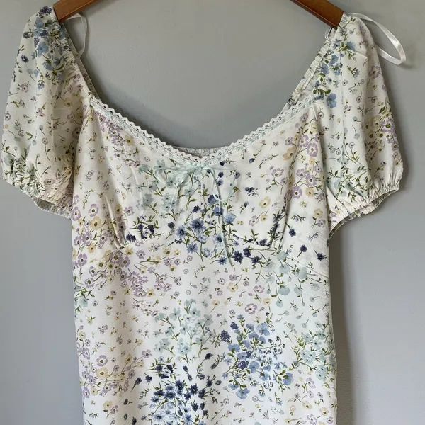 Monteau Los Angeles Floral Print Midi Dress Cream Cap Sleeves Women's Size Large - Image 3