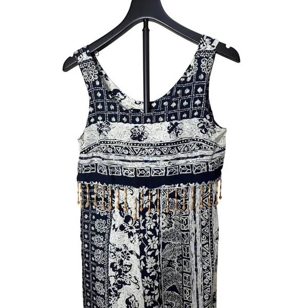 Dawn Joy Fashions Vintage Navy White‎ Batik Beaded Fringe Midi Dress USA Made - Image 2