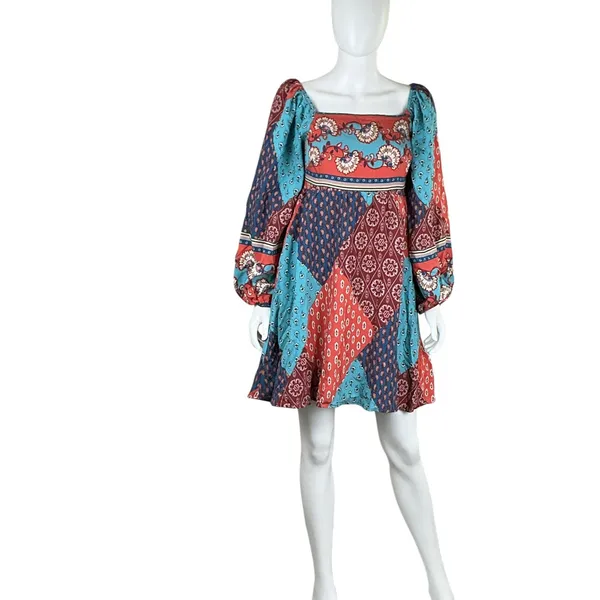 Merci Patchwork Square Neck Long Sleeve Mini Dress Blue Orange‎ M - Image 6