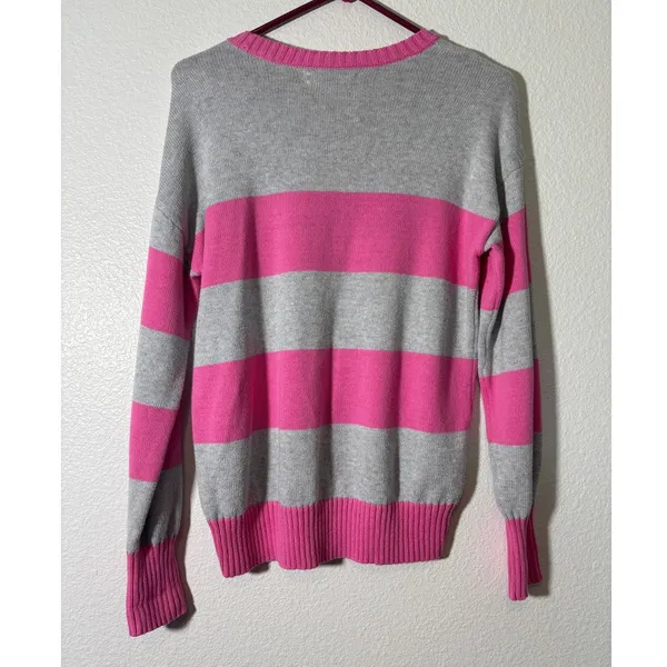 LOFT Women's Size S Birdie Golf Pink Gray Striped Pullover Sweater Embroidered - Image 3