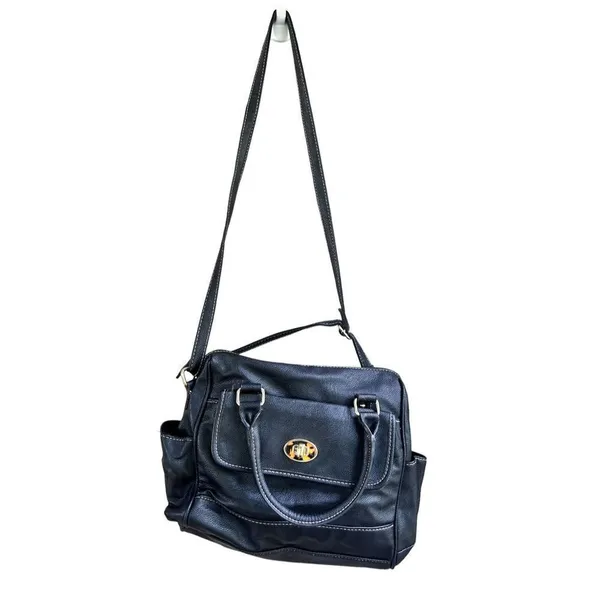 Unbranded Womens faux leather black purse handbag side pockets dual handle strap - Image 2