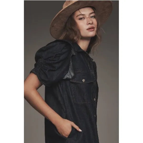Anthropologie PILCRO RUFFLE-SLEEVE DENIM SHIRT DRESS XXS NEW Preppy Boho Resort - Image 5