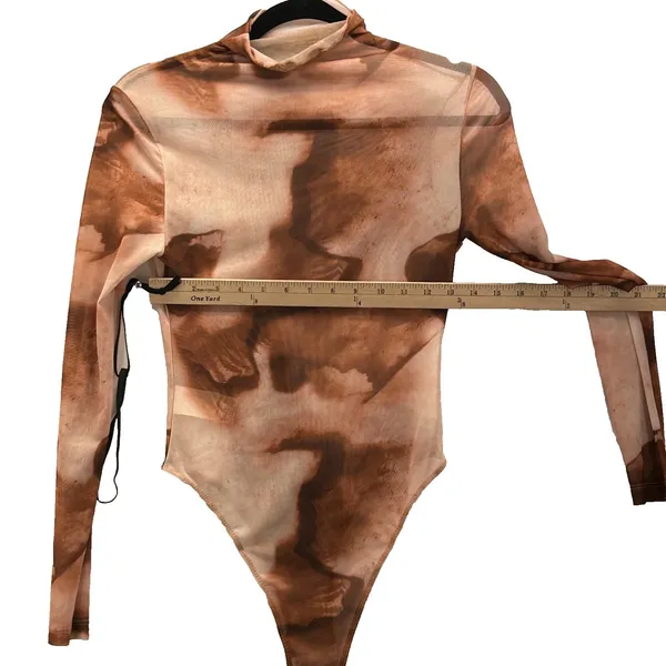 SheIn Sheer Body Suit Small Abstract Print Brown Travel‎ Vacation Layering Maximalist - Image 7