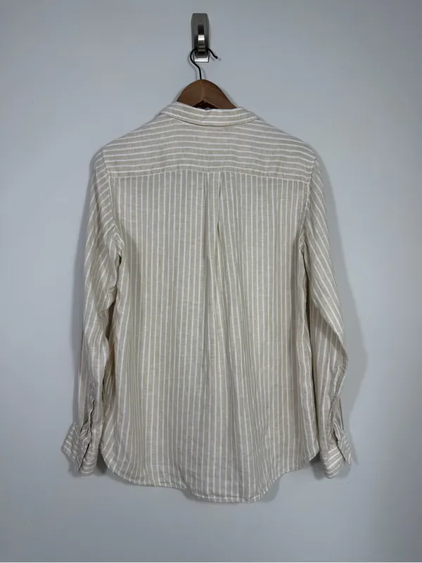 Uniqlo Women’s M Beige White Striped Linen Blend Button Down Shirt - Image 2