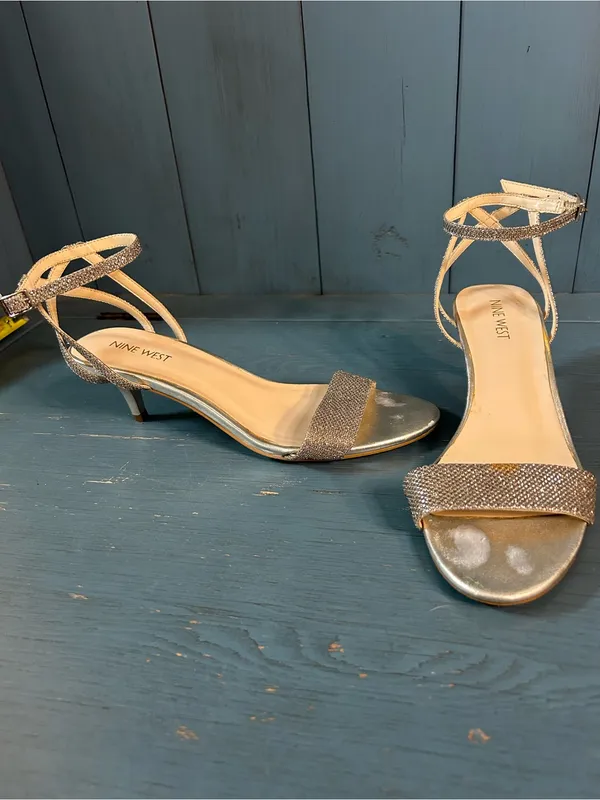 Nine West Metallic Gold/Silver Strappy Kitten Heeled Sandals | Size 7.5 - Image 2